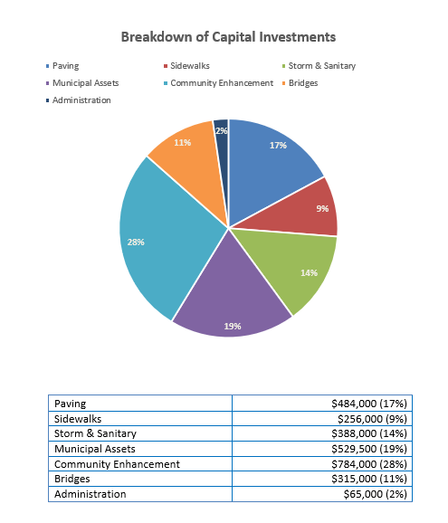 Capital investments breakdown in a pie chart.