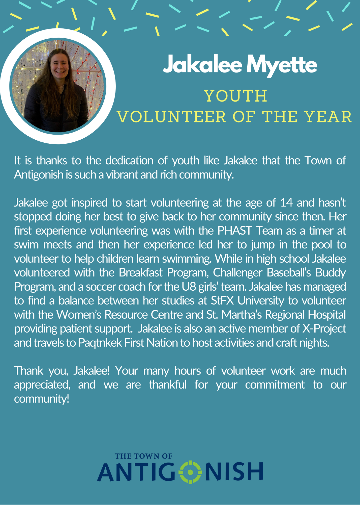 Jakalee Myette 2020 Youth Volunteer of the Year Award Winner.